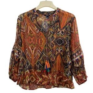 Desigual Printed Sheer Blouse Large Metallic Embroidery Tassels Festival Boho